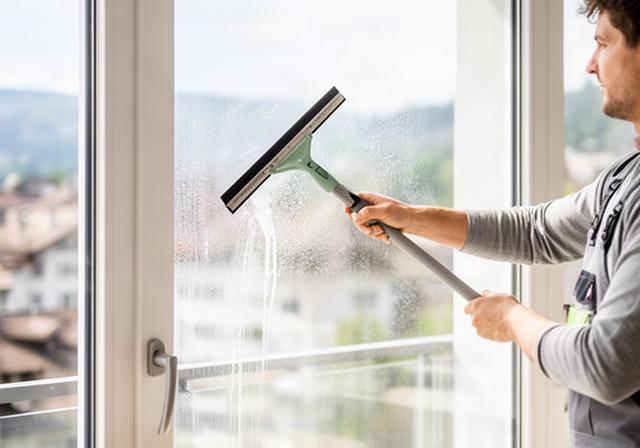 Streifenfreie Fensterreinigung an grossen Zürcher Wohnfenstern durch einen Fachmann mit Abzieher